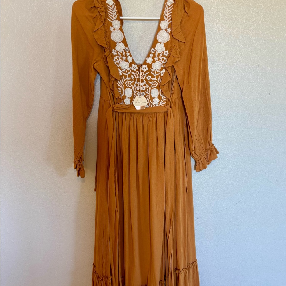 Pinkblush Maternity Mustard Embroidered Long Sleeve Dress